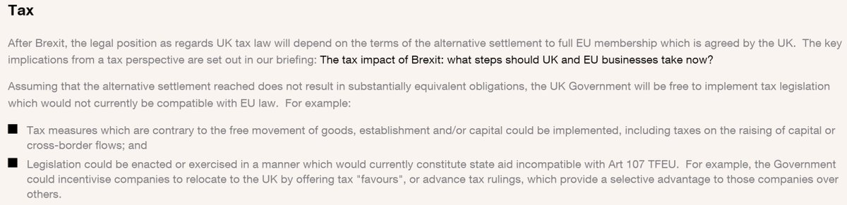 Screenshot of Clifford Chance Brexit briefing, section on tax including this line: 