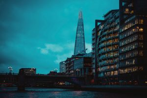 London skyscrapers on a cloudy evening