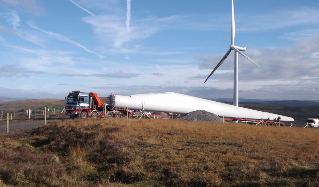 Wind turbine blade being transported on a truck