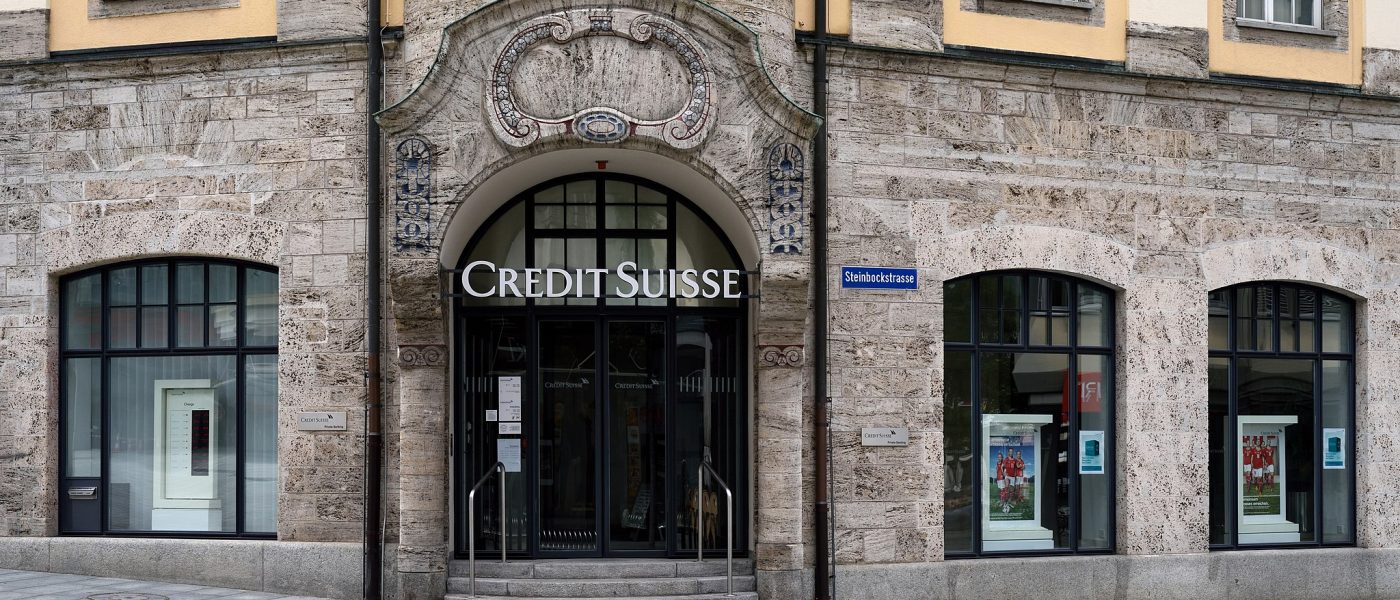 The front exterior of a Credit Suisse bank branch.
