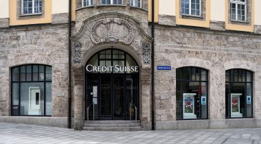 The front exterior of a Credit Suisse bank branch.