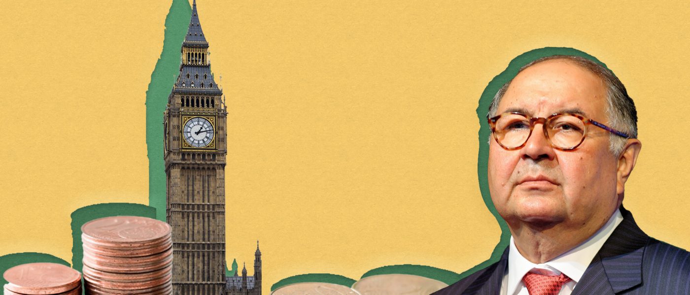 A collage of images featuring Russian oligarch Alisher Usmanov, a stack of coins and Big Ben, against a bright yellow background.