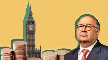 A collage of images featuring Russian oligarch Alisher Usmanov, a stack of coins and Big Ben, against a bright yellow background.