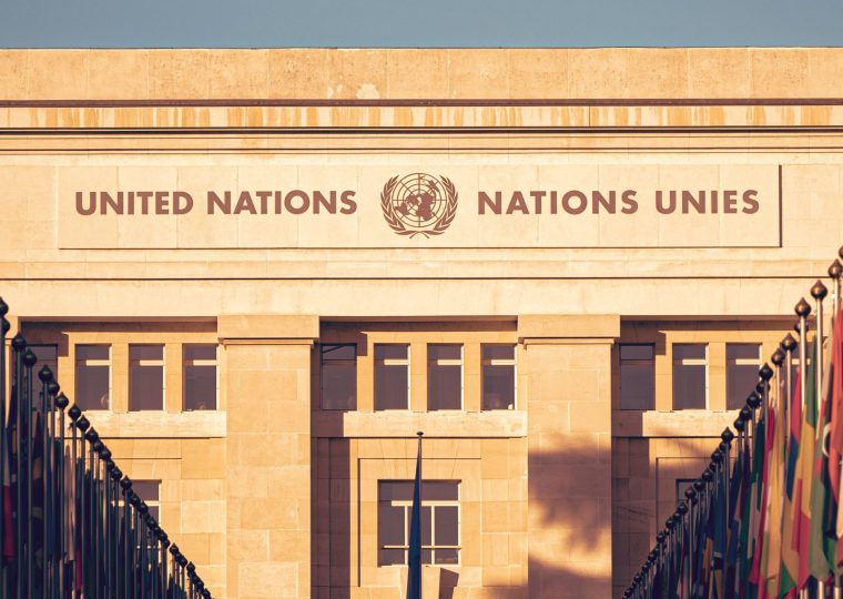 The United Nations building in afternoon sunlight with country flags in the foreground