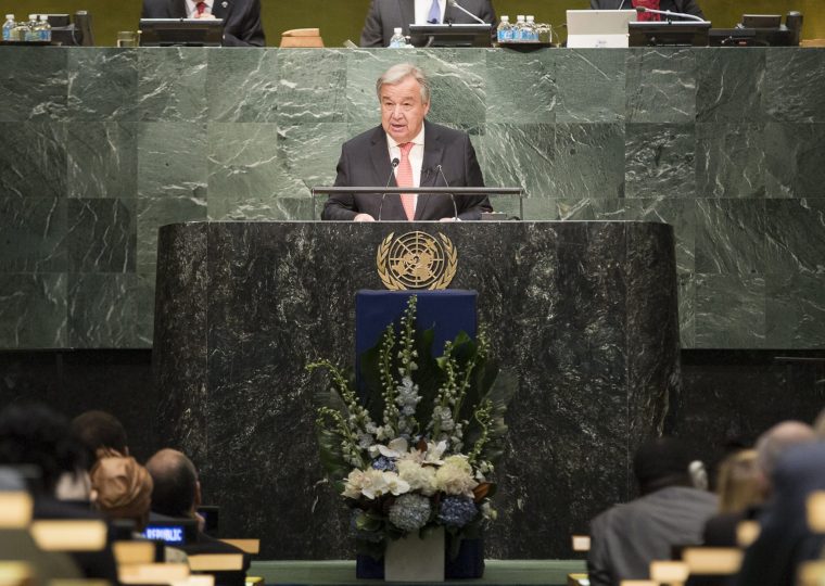 UN Secretary-General Antonio Guterres speaking at the UN General Assembly