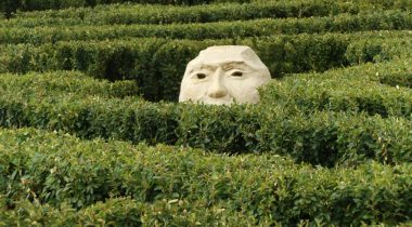 A large sculpture of face sits in the middle of a garden hedge maze