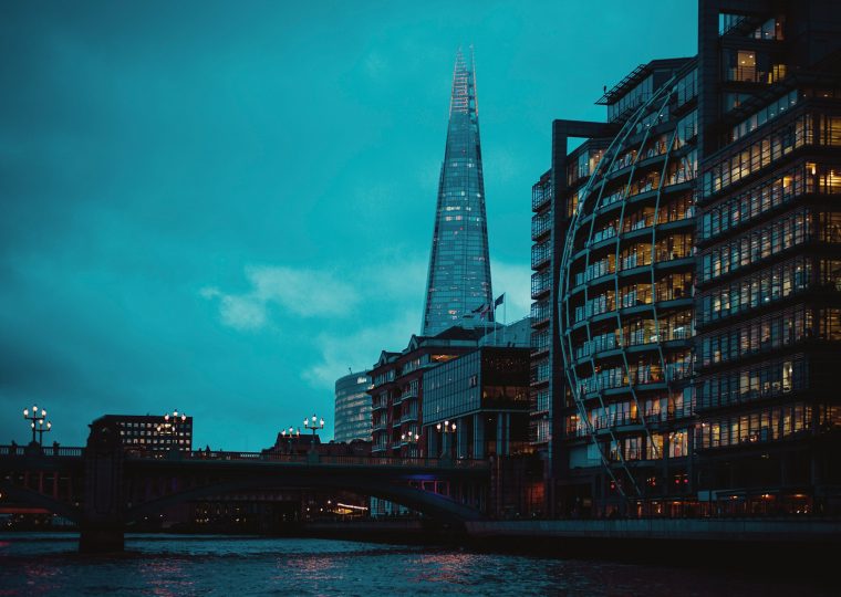 London skyscrapers on a cloudy evening