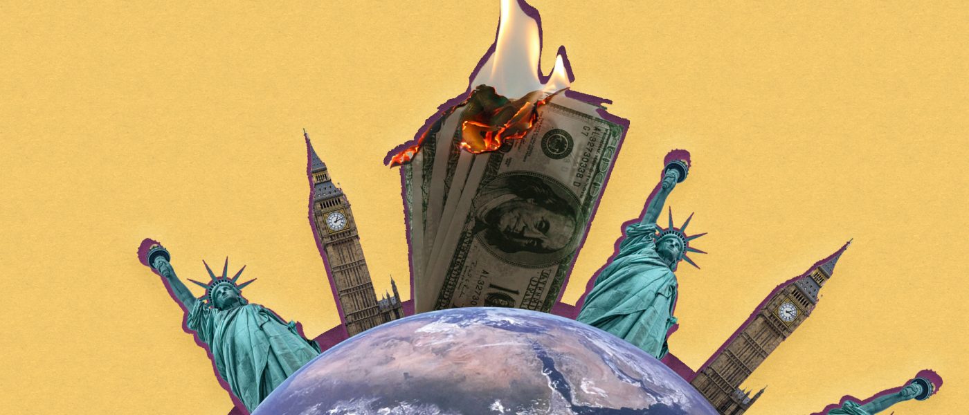 State of Tax Justice 2024 web banner A graphic of burning US dollar bills above the globe, surrounded by a repeating pattern of the UK's Big Ben and the USA's Statue of Liberty