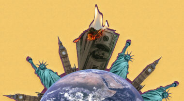 State of Tax Justice 2024 web banner A graphic of burning US dollar bills above the globe, surrounded by a repeating pattern of the UK's Big Ben and the USA's Statue of Liberty