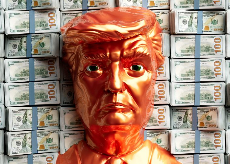 A golden Trump figure head stands before stacks of money