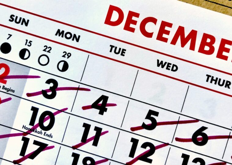 A calendar sheet with the dates marked off