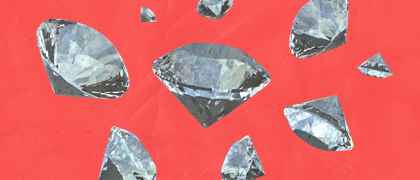 Several diamonds scattered on a red background