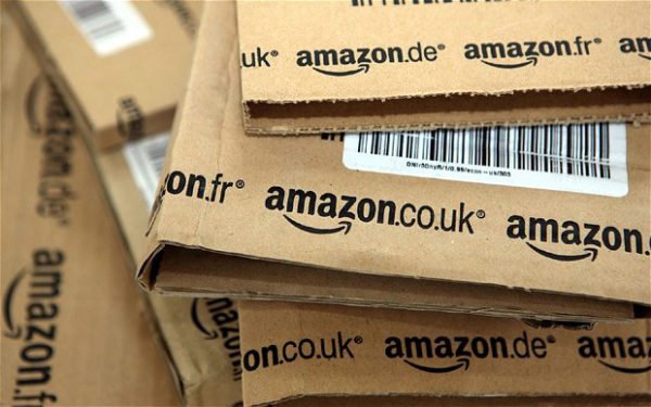 Close up of a stack of Amazon UK packages